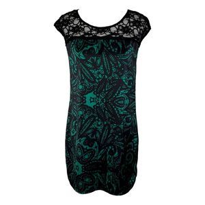Express Teal Black Lace Print Dress Small